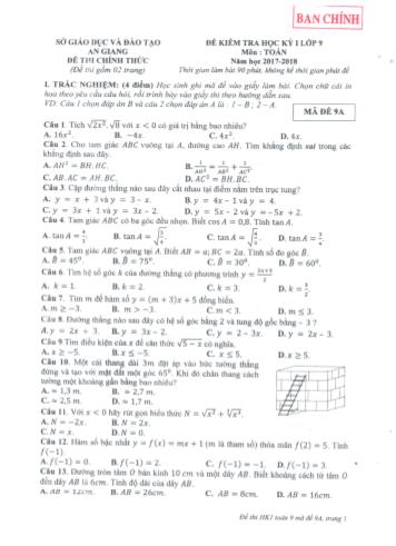 2 Đề kiểm tra học kỳ I môn Toán Lớp 9 - Năm học 2017-2018 - Sở GD&ĐT An Giang (Có đáp án và thang điểm)