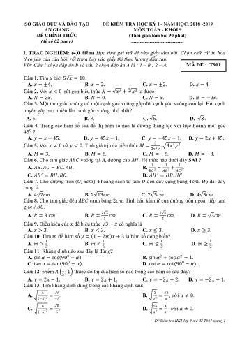 4 Đề kiểm tra học kỳ I môn Toán Lớp 9 - Năm học 2018-2019 - Sở GD&ĐT An Giang (Có đáp án)