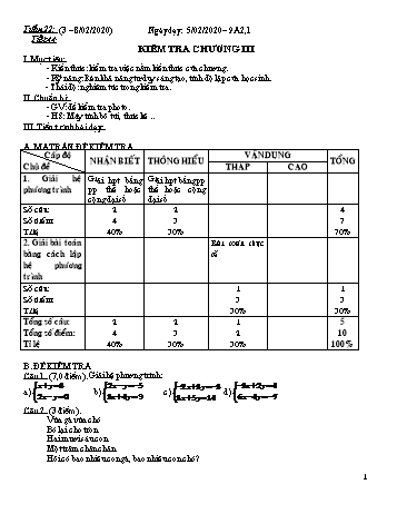 Đề kiểm tra 1 tiết Chương III môn Đại số Lớp 9 - Năm học 2019-2020