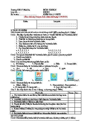 Đề kiểm tra 15 phút học kỳ II môn Tin học Lớp 9 - Ngày 16/4/2020 - Trường THCS Vĩnh Gia