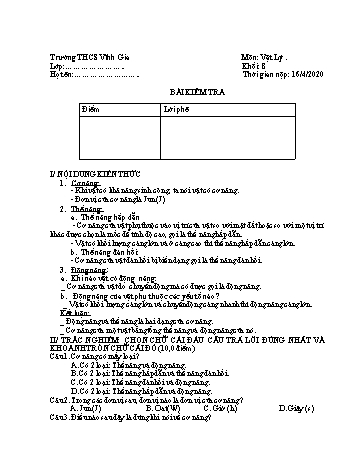 Đề kiểm tra 15 phút học kỳ II môn Vật lý Lớp 8 - Ngày 16/4/2020 - Trường THCS Vĩnh Gia