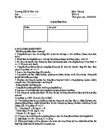 Đề kiểm tra 15 phút học kỳ II môn Vật lý Lớp 8 - Ngày 23/4/2020 - Trường THCS Vĩnh Gia