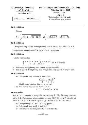 Đề thi chọn học sinh giỏi cấp tỉnh môn Toán Lớp 8 - Năm học 2011-2012 - Sở GD&ĐT An Giang (Có đáp án và thang điểm)