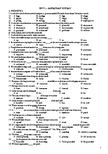 Bài tập trắc nghiệm Tiếng Anh Lớp 11 - Unit 11: Sources of energy - Trường THPT Châu Phú