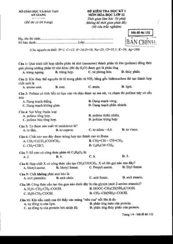 Bộ đề kiểm tra học kỳ I môn Hóa học Lớp 12 - Sở GD&ĐT An Giang (Có đáp án)