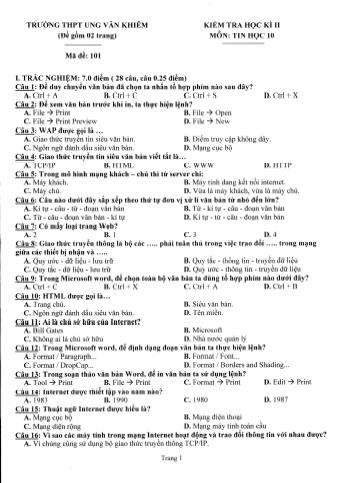 Bộ đề kiểm tra học kỳ II môn Tin học Lớp 10 - Năm học 2017-2018 - Trường THPT Ung Văn Khiêm