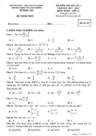 Bộ đề kiểm tra học kỳ II môn Toán Lớp 11 - Năm học 2017-2018 - Trường THPT Ung Văn Khiêm