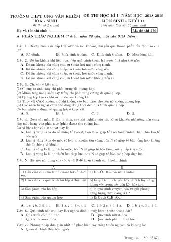 Bộ đề thi học kỳ I môn Sinh học Lớp 11 - Năm học 2018-2019 - Trường THPT Ung Văn Khiêm (Có đáp án)