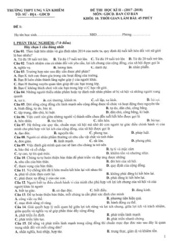 Bộ đề thi học kỳ II môn Giáo dục công dân Lớp 10 (Ban cơ bản) - Năm học 2017-2018 - Trường THPT Ung Văn Khiêm