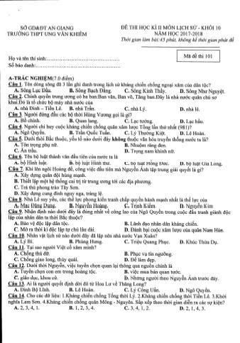 Bộ đề thi học kỳ II môn Lịch sử Lớp 10 - Năm học 2017-2018 - Trường THPT Ung Văn Khiêm