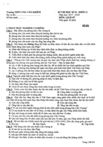 Bộ đề thi học kỳ II môn Lịch sử Lớp 11 - Năm học 2017-2018 - Trường THPT Ung Văn Khiêm