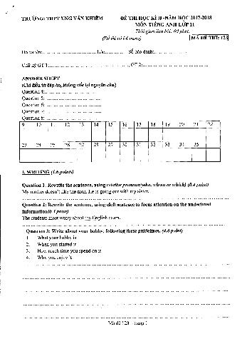 Bộ đề thi học kỳ II môn Tiếng Anh Lớp 11 - Năm học 2017-2018 - Trường THPT Ung Văn Khiêm
