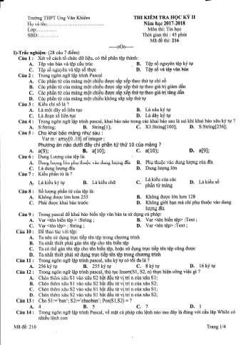 Bộ đề thi học kỳ II môn Tin học Lớp 11 - Năm học 2017-2018 - Trường THPT Ung Văn Khiêm