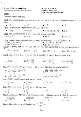 Bộ đề thi học kỳ II môn Toán Lớp 10 - Năm học 2017-2018 - Trường THPT Ung Văn Khiêm