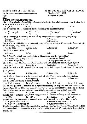 Bộ đề thi học kỳ II môn Vật lí Lớp 10 - Năm học 2017-2018 - Trường THPT Ung Văn Khiêm