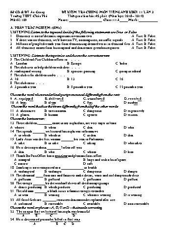 Đề kiểm tra chung môn Tiếng Anh Khối 11 lần 3 - Mã đề 109 - Năm học 2018-2019 - Trường THPT Châu Phú
