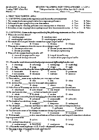 Đề kiểm tra chung môn Tiếng Anh Khối 11 lần 3 - Mã đề 111 - Năm học 2017-2018 - Trường THPT Châu Phú