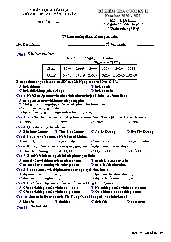 Đề kiểm tra cuối học kỳ II môn Địa lí Lớp 11 - Mã đề 169 - Năm học 2020-2021 - Trường THPT Nguyễn Khuyến