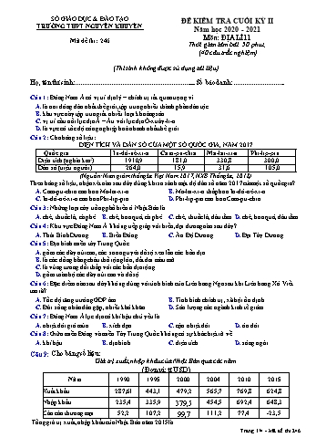 Đề kiểm tra cuối học kỳ II môn Địa lí Lớp 11 - Mã đề 246 - Năm học 2020-2021 - Trường THPT Nguyễn Khuyến
