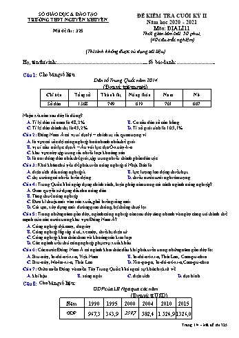 Đề kiểm tra cuối học kỳ II môn Địa lí Lớp 11 - Mã đề 325 - Năm học 2020-2021 - Trường THPT Nguyễn Khuyến