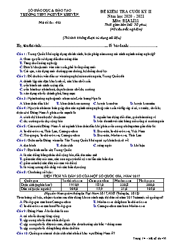 Đề kiểm tra cuối học kỳ II môn Địa lí Lớp 11 - Mã đề 493 - Năm học 2020-2021 - Trường THPT Nguyễn Khuyến