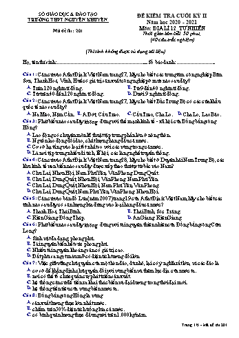 Đề kiểm tra cuối học kỳ II môn Địa lí Lớp 12 - Tự nhiên - Mã đề 201 - Năm học 2020-2021 - Trường THPT Nguyễn Khuyến