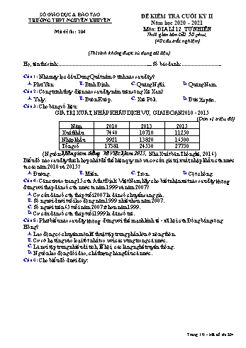 Đề kiểm tra cuối học kỳ II môn Địa lí Lớp 12 - Tự nhiên - Mã đề 204 - Năm học 2020-2021 - Trường THPT Nguyễn Khuyến
