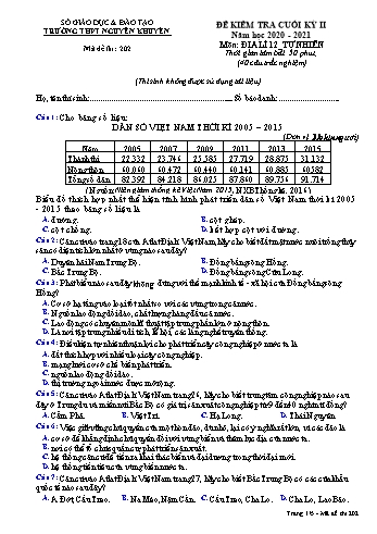 Đề kiểm tra cuối học kỳ II môn Địa lí Lớp 12 - Tự nhiên - Mã đề 202 - Năm học 2020-2021 - Trường THPT Nguyễn Khuyến