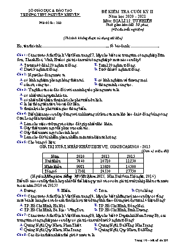 Đề kiểm tra cuối học kỳ II môn Địa lí Lớp 12 - Tự nhiên - Mã đề 203 - Năm học 2020-2021 - Trường THPT Nguyễn Khuyến