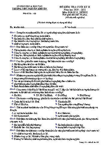 Đề kiểm tra cuối học kỳ II môn Địa lí Lớp 12 - Xã hội - Mã đề 103 - Năm học 2020-2021 - Trường THPT Nguyễn Khuyến