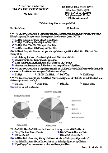 Đề kiểm tra cuối học kỳ II môn Địa lí Lớp 12 - Xã hội - Mã đề 104 - Năm học 2020-2021 - Trường THPT Nguyễn Khuyến