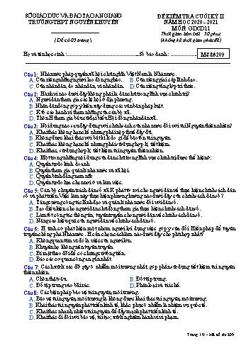 Đề kiểm tra cuối học kỳ II môn Giáo dục công dân Lớp 11 - Mã đề 209 - Năm học 2020-2021 - Trường THPT Nguyễn Khuyến