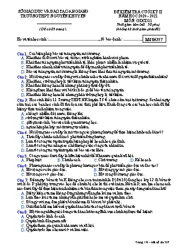 Đề kiểm tra cuối học kỳ II môn Giáo dục công dân Lớp 11 - Mã đề 357 - Năm học 2020-2021 - Trường THPT Nguyễn Khuyến