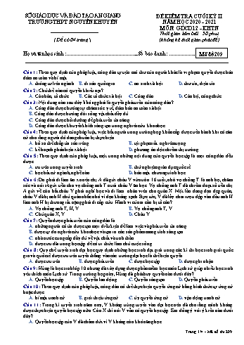 Đề kiểm tra cuối học kỳ II môn Giáo dục công dân Lớp 12 - Khoa học tự nhiên - Mã đề 209 - Năm học 2020-2021 - Trường THPT Nguyễn Khuyến