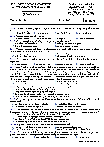 Đề kiểm tra cuối học kỳ II môn Giáo dục công dân Lớp 12 - Khoa học xã hội - Mã đề 102 - Năm học 2020-2021 - Trường THPT Nguyễn Khuyến