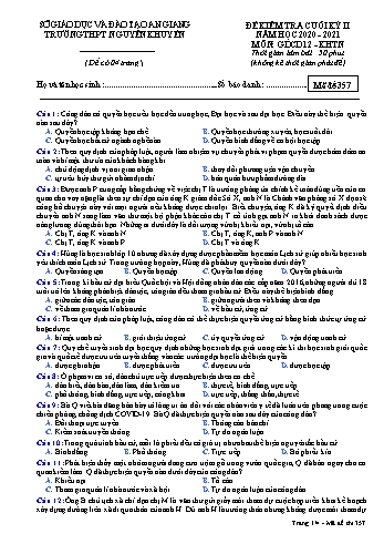 Đề kiểm tra cuối học kỳ II môn Giáo dục công dân Lớp 12 - Khoa học tự nhiên - Mã đề 357 - Năm học 2020-2021 - Trường THPT Nguyễn Khuyến
