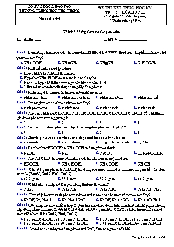 Đề kiểm tra cuối học kỳ II môn Hóa học Lớp 11 - Mã đề 493 - Năm học 2020-2021 - Trường THPT Nguyễn Khuyến