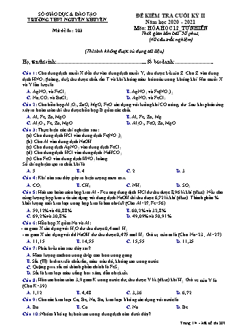 Đề kiểm tra cuối học kỳ II môn Hóa học Lớp 12 - Tự nhiên - Mã đề 203 - Năm học 2020-2021 - Trường THPT Nguyễn Khuyến