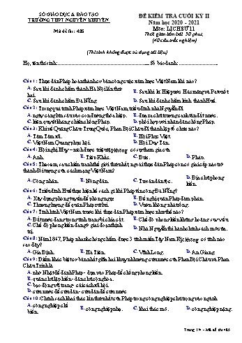 Đề kiểm tra cuối học kỳ II môn Lịch sử Lớp 11 - Mã đề 485 - Năm học 2020-2021 - Trường THPT Nguyễn Khuyến