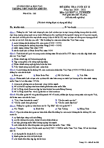 Đề kiểm tra cuối học kỳ II môn Lịch sử Lớp 12 - Tự nhiên - Mã đề 202 - Năm học 2020-2021 - Trường THPT Nguyễn Khuyến