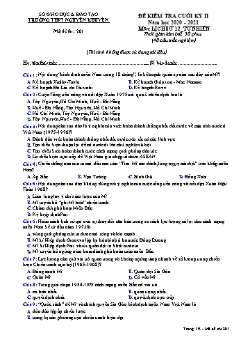 Đề kiểm tra cuối học kỳ II môn Lịch sử Lớp 12 - Tự nhiên - Mã đề 201 - Năm học 2020-2021 - Trường THPT Nguyễn Khuyến