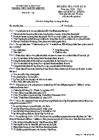 Đề kiểm tra cuối học kỳ II môn Lịch sử Lớp 12 - Xã hội - Mã đề 103 - Năm học 2020-2021 - Trường THPT Nguyễn Khuyến