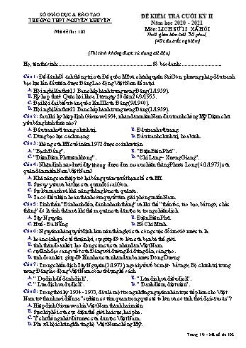 Đề kiểm tra cuối học kỳ II môn Lịch sử Lớp 12 - Xã hội - Mã đề 102 - Năm học 2020-2021 - Trường THPT Nguyễn Khuyến