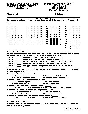 Đề kiểm tra cuối học kỳ II môn Tiếng Anh Lớp 11 - Mã đề 102 - Năm học 2020-2021 - Trường THPT Nguyễn Khuyến