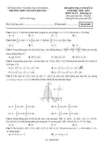 Đề kiểm tra cuối học kỳ II môn Toán Lớp 12 - Mã đề 089 - Năm học 2020-2021 - Trường THPT Nguyễn Khuyến