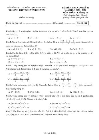 Đề kiểm tra cuối học kỳ II môn Toán Lớp 12 - Mã đề 184 - Năm học 2020-2021 - Trường THPT Nguyễn Khuyến