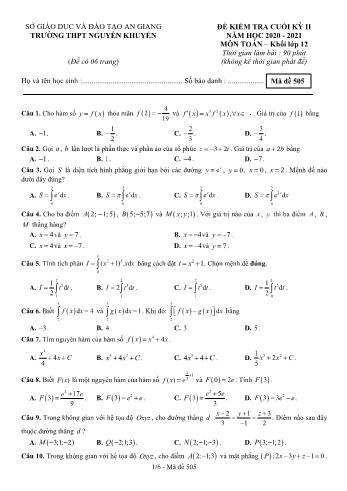 Đề kiểm tra cuối học kỳ II môn Toán Lớp 12 - Mã đề 505 - Năm học 2020-2021 - Trường THPT Nguyễn Khuyến