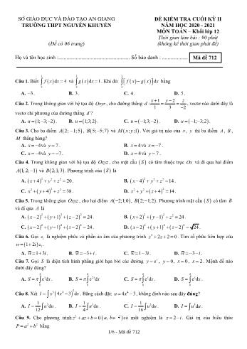 Đề kiểm tra cuối học kỳ II môn Toán Lớp 12 - Mã đề 712 - Năm học 2020-2021 - Trường THPT Nguyễn Khuyến
