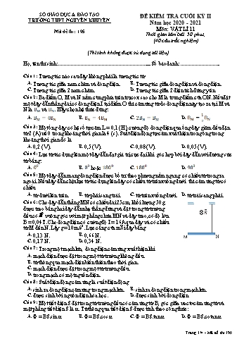 Đề kiểm tra cuối học kỳ II môn Vật lí Lớp 11 - Mã đề 195 - Năm học 2020-2021 - Trường THPT Nguyễn Khuyến