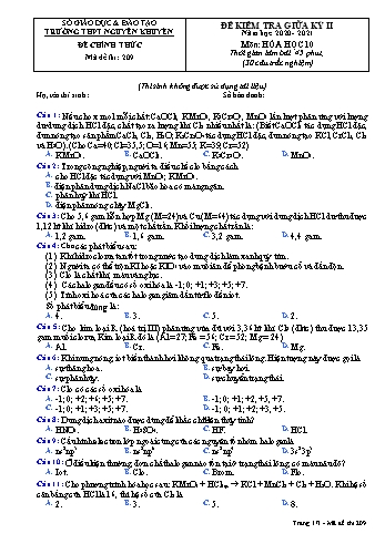 Đề kiểm tra giữa học kỳ II môn Hóa học Lớp 10 - Mã đề 209 - Năm học 2020-2021 - Trường THPT Nguyễn Khuyến